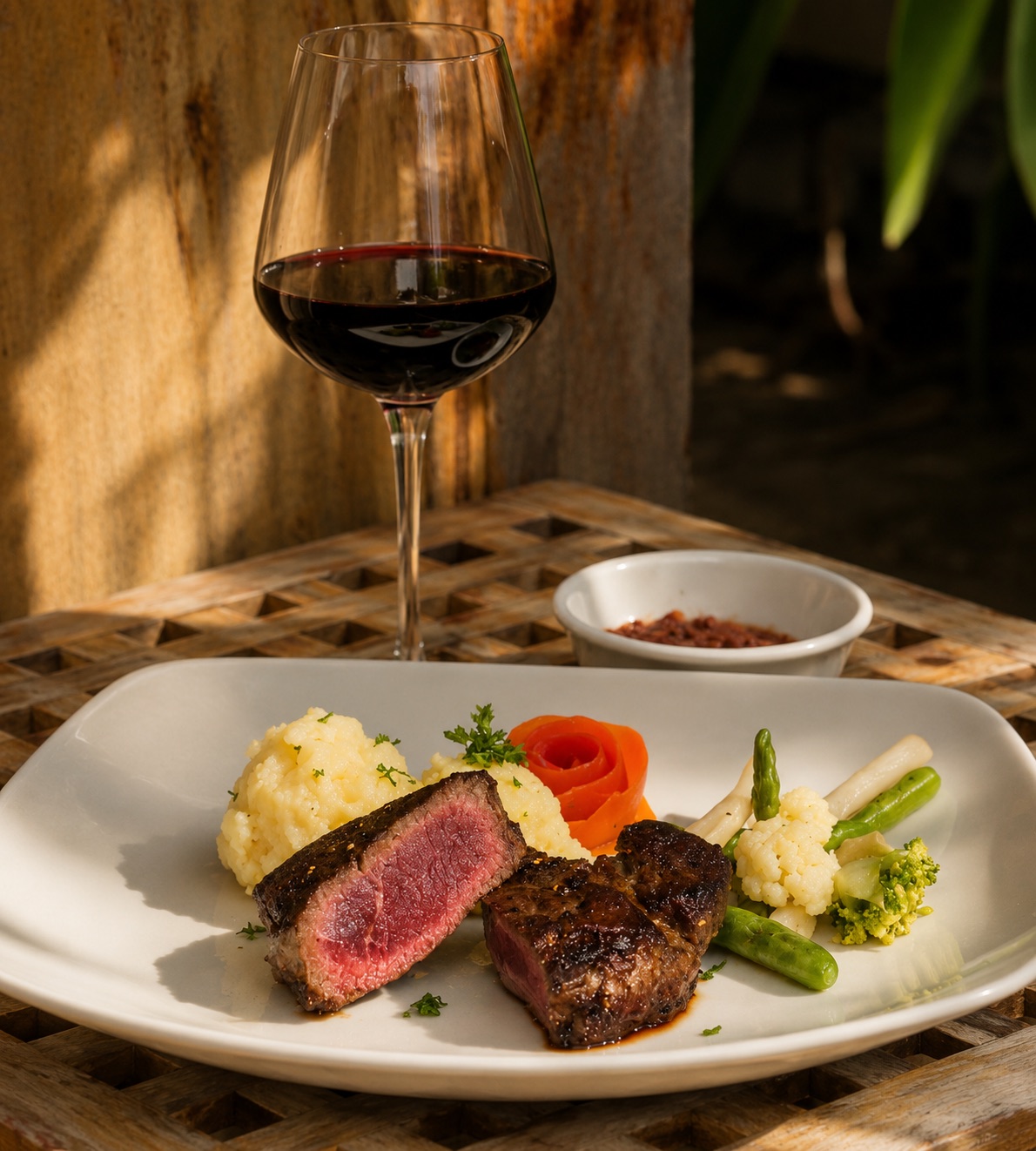 Fine dining plate with red wine