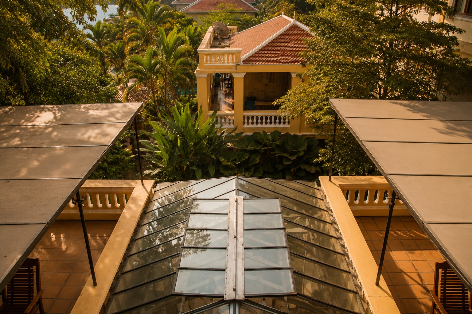 The glass-roofed dining room from above
