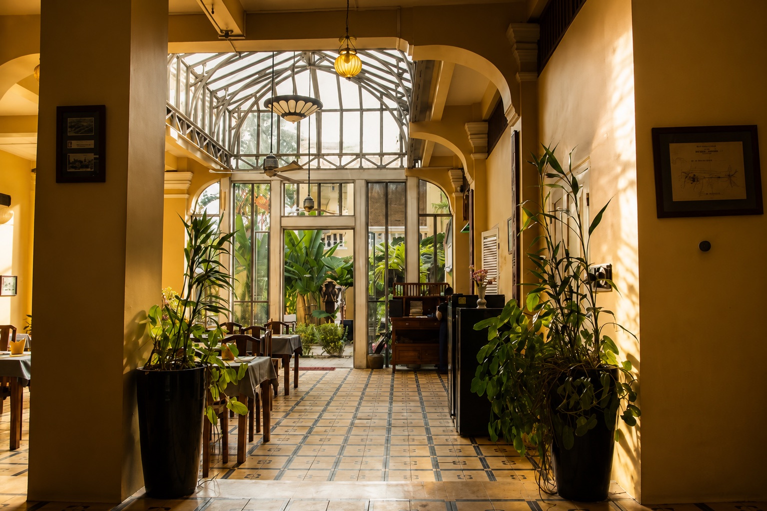 The glass-roofed restaurant at La Villa